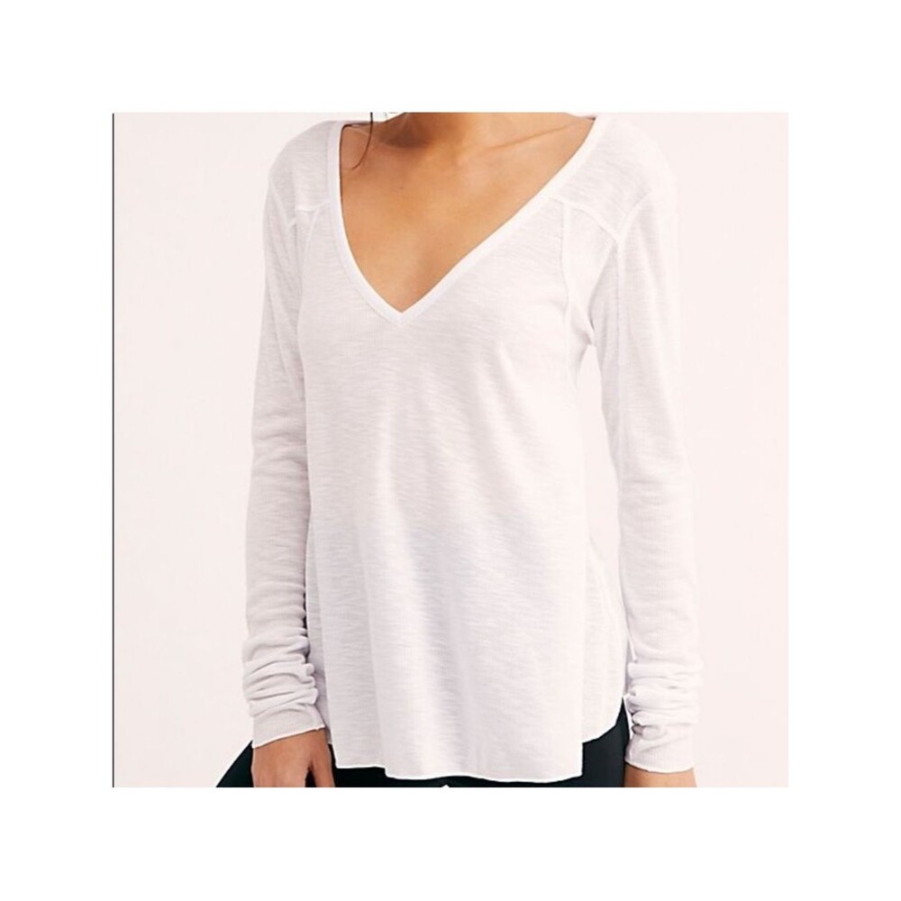 Free People White V-Neck Long Sleeve Tee